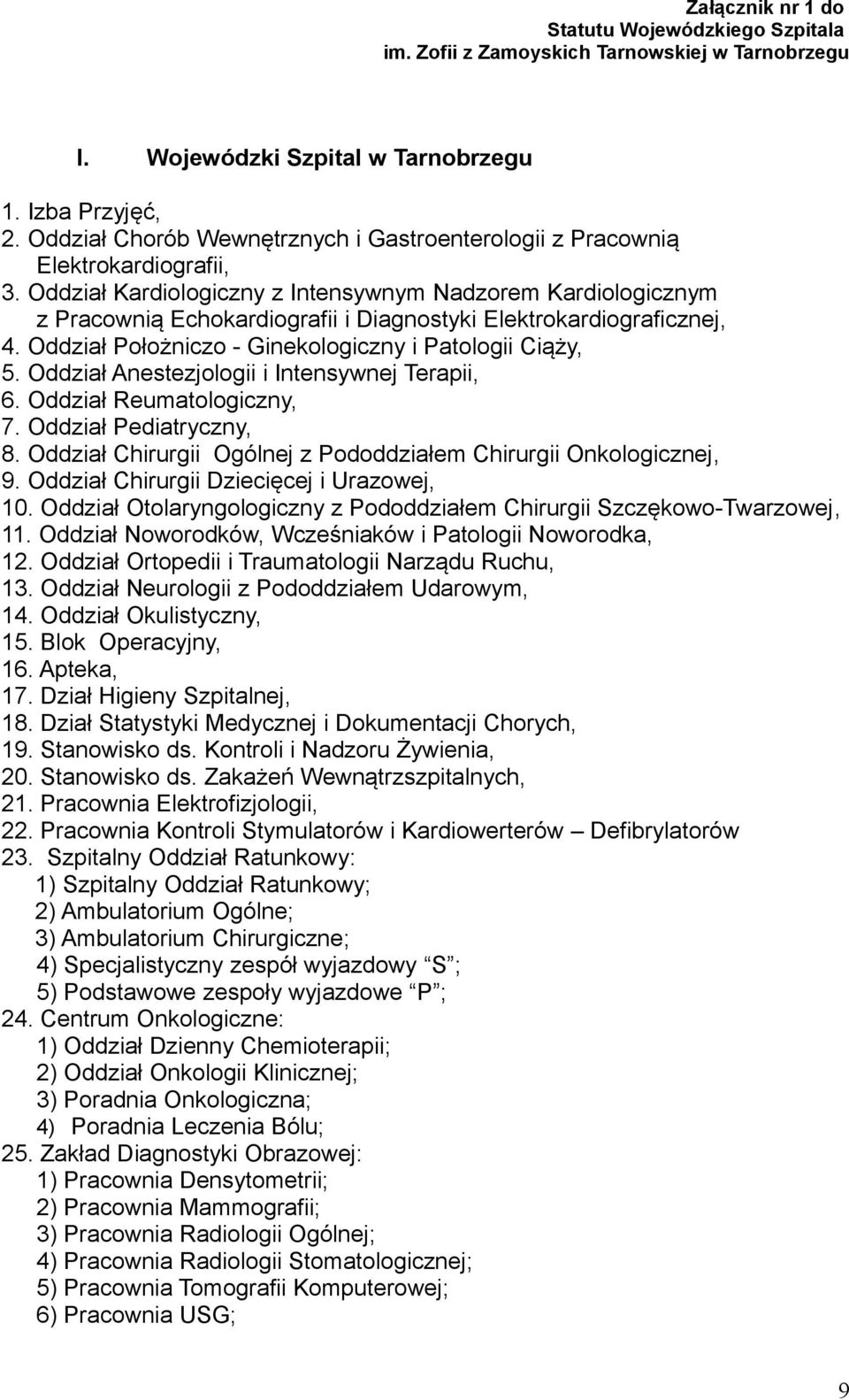 Oddział Kardiologiczny z Intensywnym Nadzorem Kardiologicznym z Pracownią Echokardiografii i Diagnostyki Elektrokardiograficznej, 4. Oddział Położniczo - Ginekologiczny i Patologii Ciąży, 5.