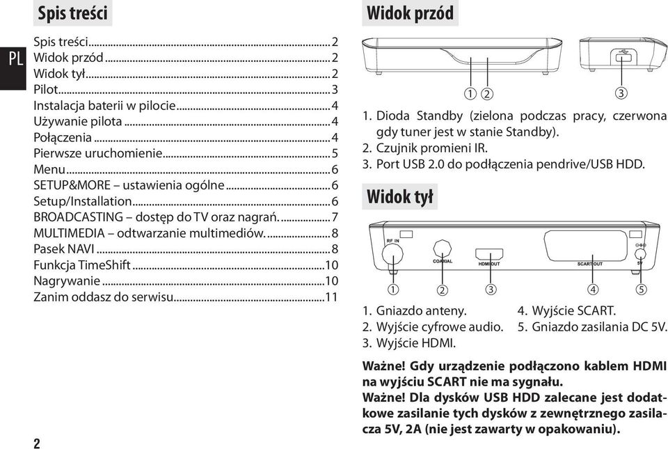 ..10 Zanim oddasz do serwisu...11 Widok przód 1 2 3 1. Dioda Standby (zielona podczas pracy, czerwona gdy tuner jest w stanie Standby). 2. Czujnik promieni IR. 3. Port USB 2.