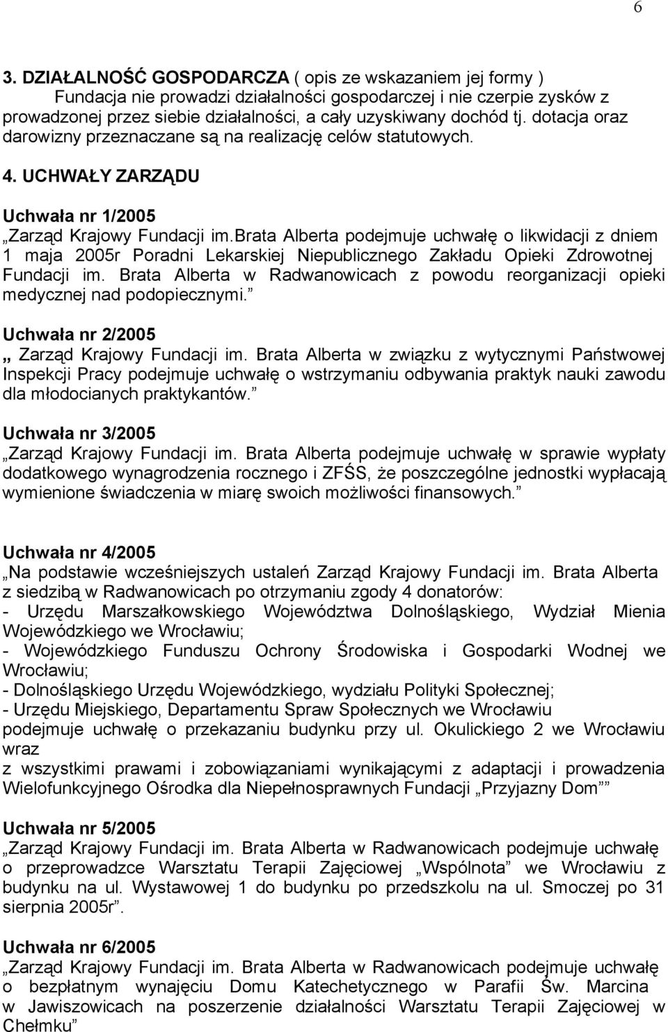 brata Alberta podejmuje uchwałę o likwidacji z dniem 1 maja 2005r Poradni Lekarskiej Niepublicznego Zakładu Opieki Zdrowotnej Fundacji im.