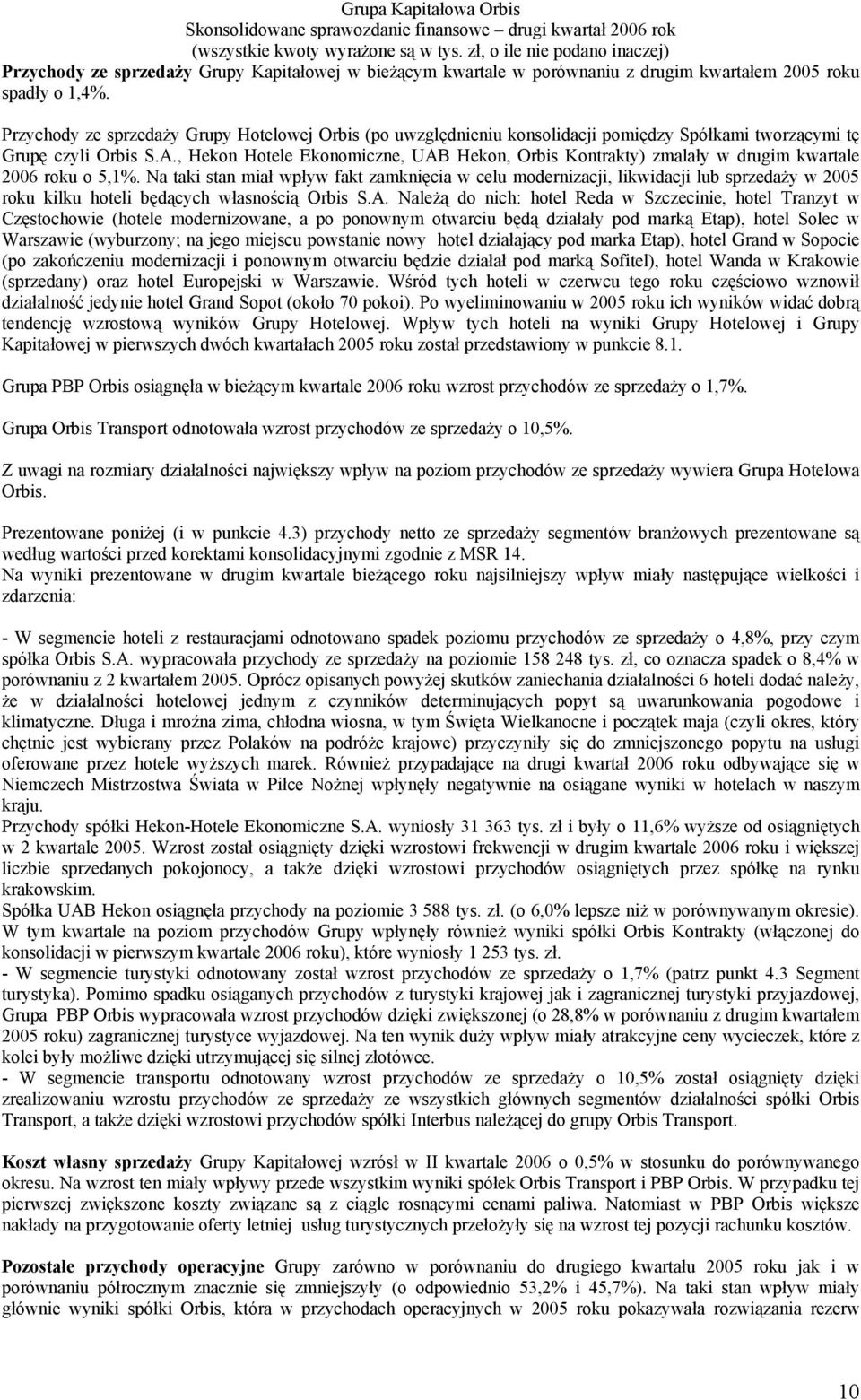 , Hekon Hotele Ekonomiczne, UAB Hekon, Orbis Kontrakty) zmalały w drugim kwartale 2006 roku o 5,1%.