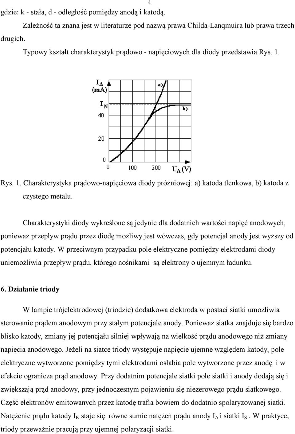 Rys. 1. Charakterystyka prądowo-napięciowa diody próżniowej: a) katoda tlenkowa, b) katoda z czystego metalu.