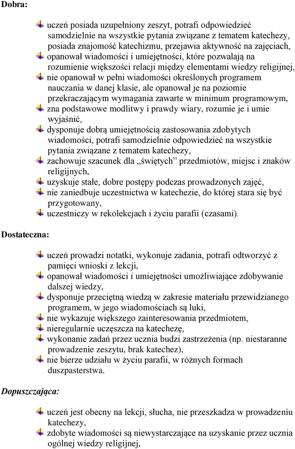 nauczania w danej klasie, ale opanował je na poziomie przekraczającym wymagania zawarte w minimum programowym, zna podstawowe modlitwy i prawdy wiary, rozumie je i umie wyjaśnić, dysponuje dobrą
