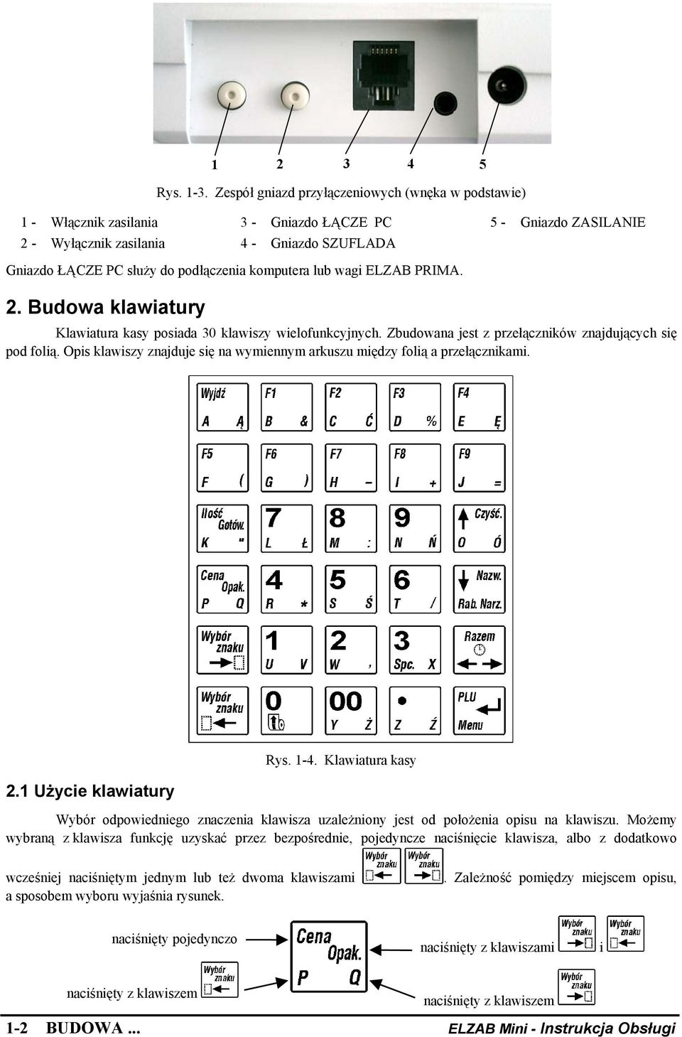 komputera lub wagi ELZAB PRIMA. 2. Budowa klawiatury 2 1 3 4 5 Klawiatura kasy posiada 30 klawiszy wielofunkcyjnych. Zbudowana jest z przełączników znajdujących się pod folią.