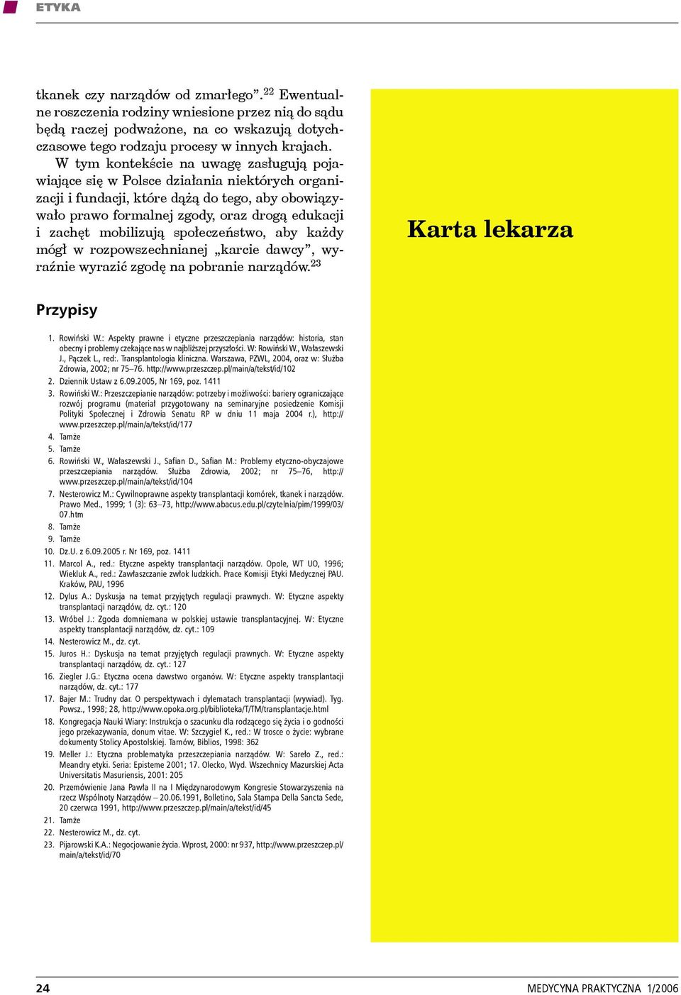 mobilizują społeczeństwo, aby każdy mógł w rozpowszechnianej karcie dawcy, wyraźnie wyrazić zgodę na pobranie narządów. 23 Karta lekarza Przypisy 1. Rowiński W.