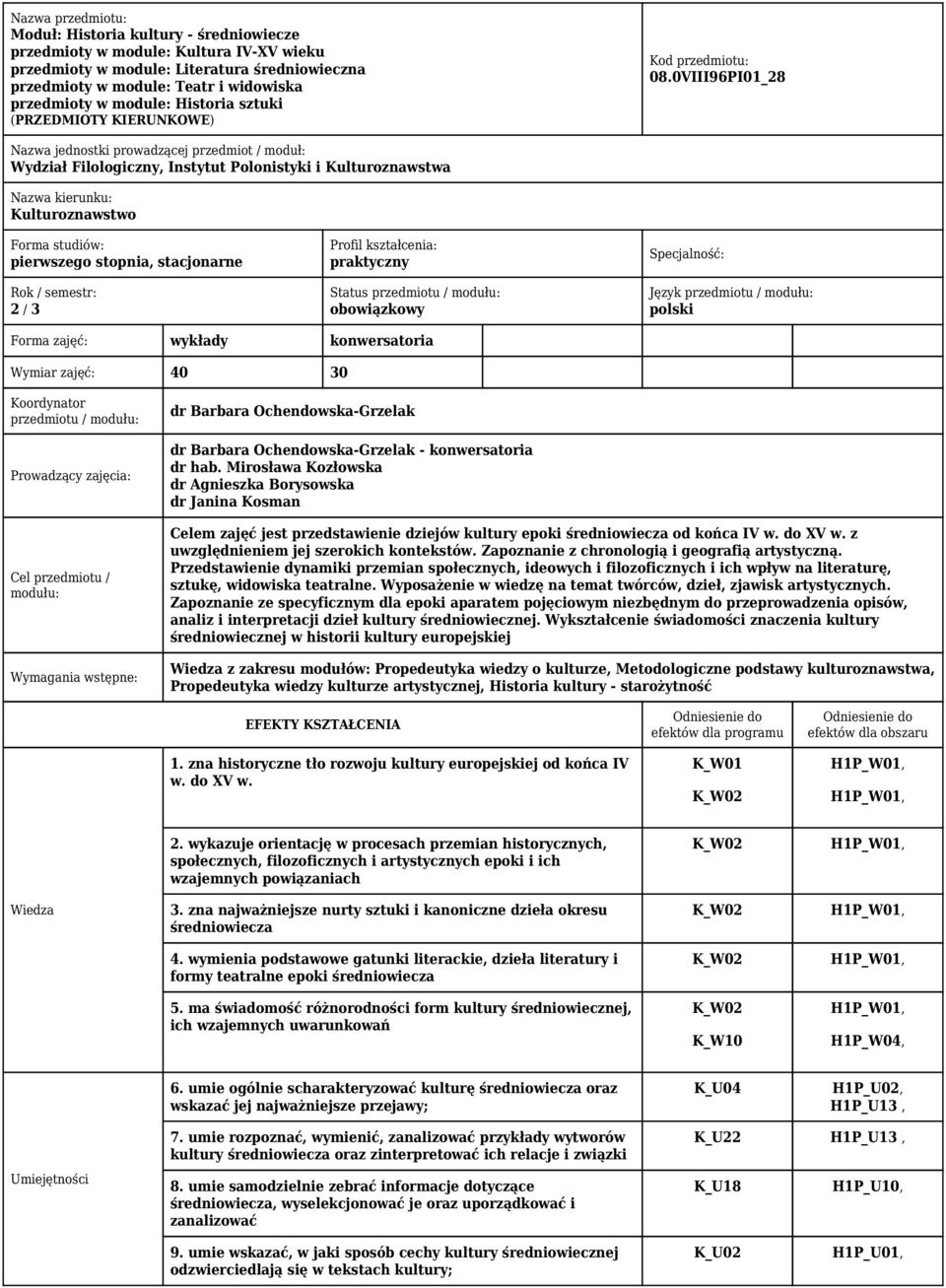 0VIII96PI01_28 Nazwa jednostki prowadzącej przedmiot / moduł: Wydział Filologiczny, Instytut Polonistyki i Kulturoznawstwa Nazwa kierunku: Kulturoznawstwo Forma studiów: pierwszego stopnia,