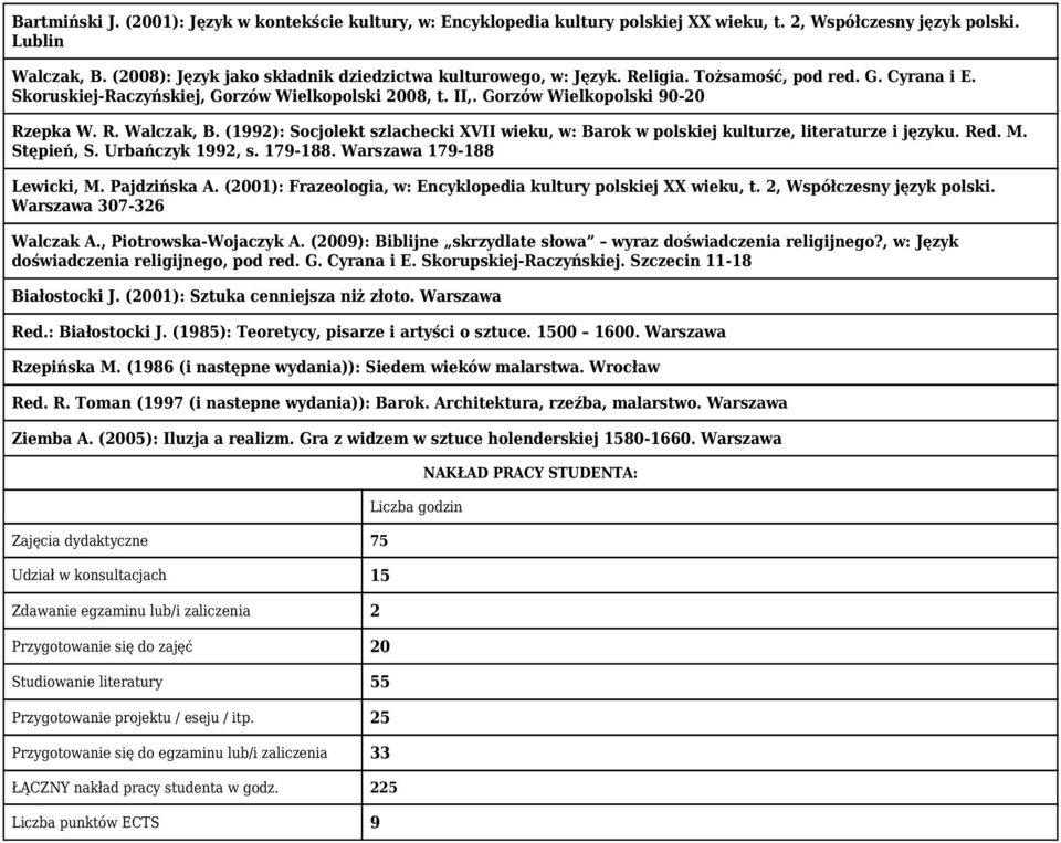 R. Walczak, B. (1992): Socjolekt szlachecki XVII wieku, w: Barok w polskiej kulturze, literaturze i języku. Red. M. Stępień, S. Urbańczyk 1992, s. 179-188. Warszawa 179-188 Lewicki, M. Pajdzińska A.