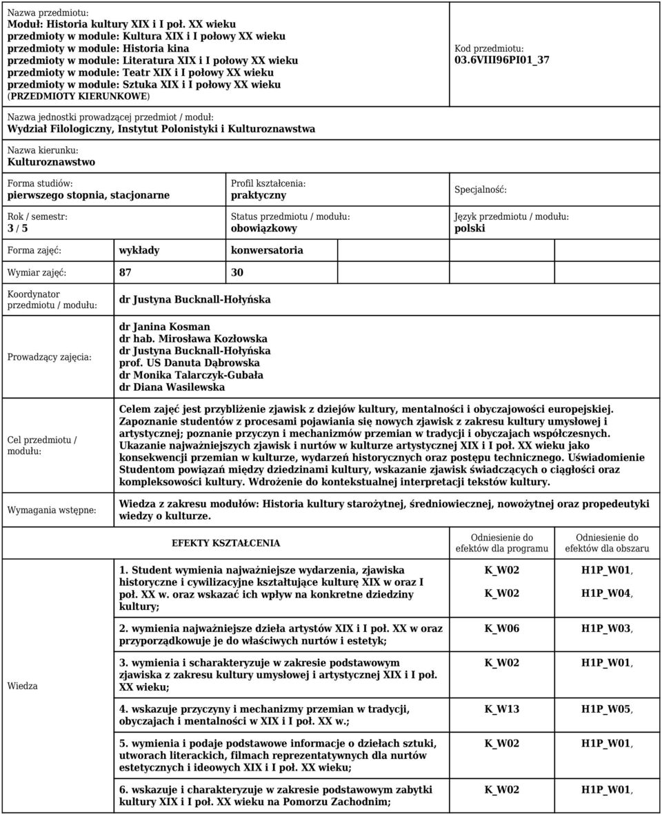 wieku przedmioty w module: Sztuka XIX i I połowy XX wieku (PRZEDMIOTY KIERUNKOWE) Kod przedmiotu: 03.