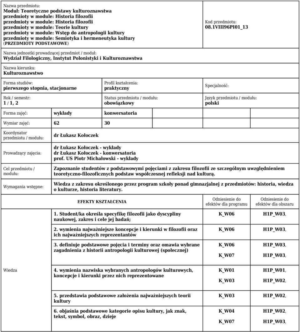 1VIII96PI01_13 Nazwa jednostki prowadzącej przedmiot / moduł: Wydział Filologiczny, Instytut Polonistyki i Kulturoznawstwa Nazwa kierunku: Kulturoznawstwo Forma studiów: pierwszego stopnia,