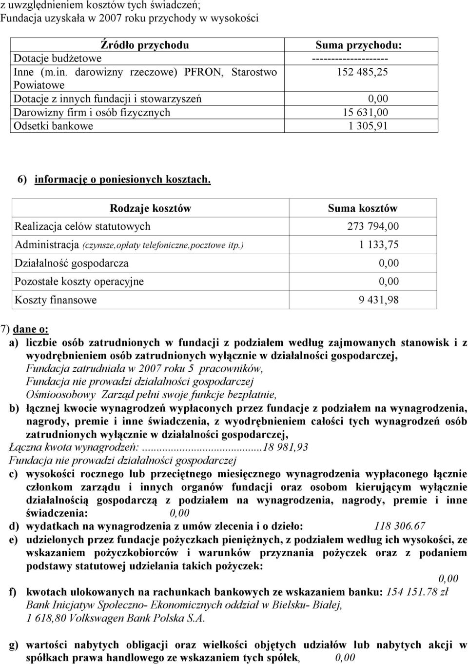 kosztach. Rodzaje kosztó Suma kosztó Realizacja celó statutoych 273 794,00 Administracja (czynsze,opłaty telefoniczne,pocztoe itp.