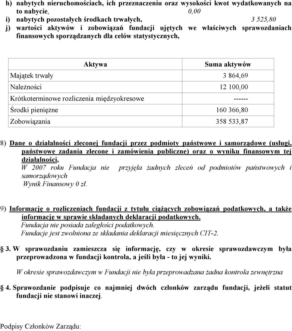 160 366,80 Zoboiązania 358 533,87 8) Dane o działalności zleconej fundacji przez podmioty państoe i samorządoe (usługi, państoe zadania zlecone i zamóienia publiczne) oraz o yniku finansoym tej