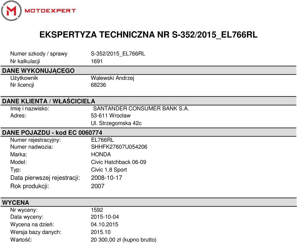 Strzegomska 42c DANE POJAZDU - kod EC 0060774 Numer rejestracyjny: EL766RL Numer nadwozia: SHHFK27607U054206 Marka: HONDA Model: Civic Hatchback 06-09 Typ: