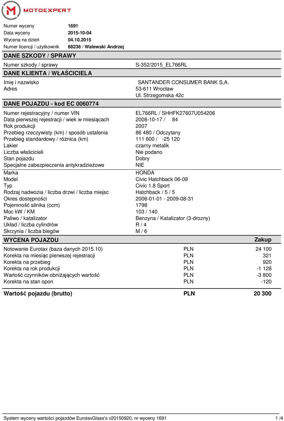 2015 Numer licencji / użytkownik DANE SZKODY / SPRAWY Numer szkody / sprawy DANE KLIENTA / WŁAŚCICIELA Imię i nazwisko Adres 68236 / Walewski Andrzej DANE POJAZDU - kod EC 0060774 S-352/2015_EL766RL