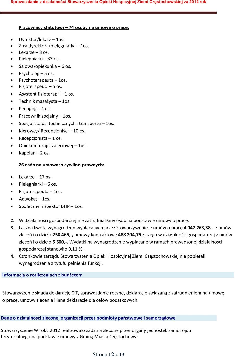 Recepcjonista 1 os. Opiekun terapii zajęciowej 1os. Kapelan 2 os. 26 osób na umowach cywilno-prawnych: Lekarze 17 os. Pielęgniarki 6 os. Fizjoterapeuta 1os. Adwokat 1os. Społeczny inspektor BHP 1os.