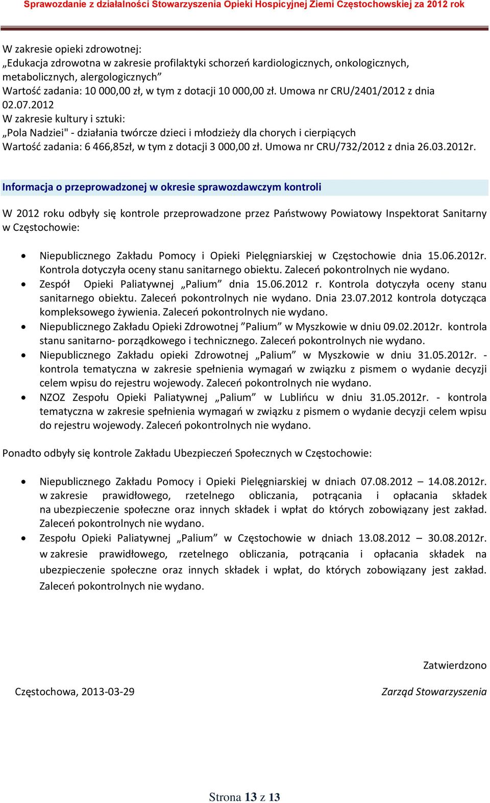 2012 W zakresie kultury i sztuki: Pola Nadziei" - działania twórcze dzieci i młodzieży dla chorych i cierpiących Wartość zadania: 6 466,85zł, w tym z dotacji 3 000,00 zł.