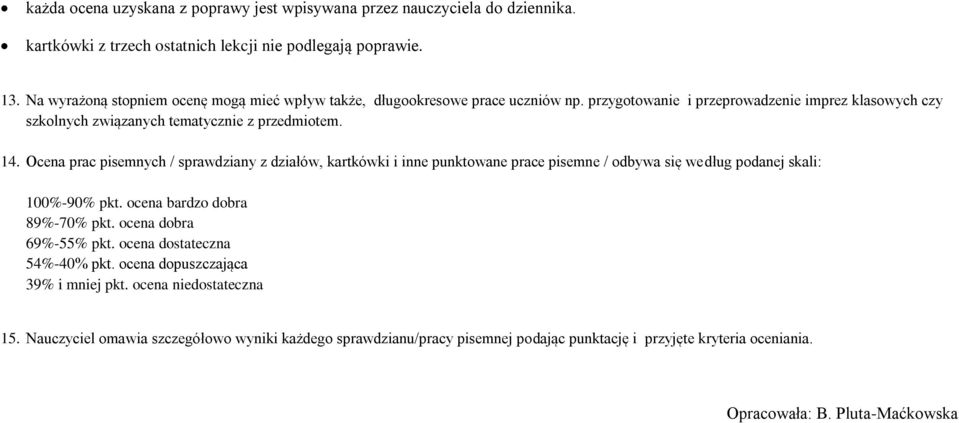 Ocena prac pisemnych / sprawdziany z działów, kartkówki i inne punktowane prace pisemne / odbywa się według podanej skali: 100%-90% pkt. ocena bardzo dobra 89%-70% pkt.