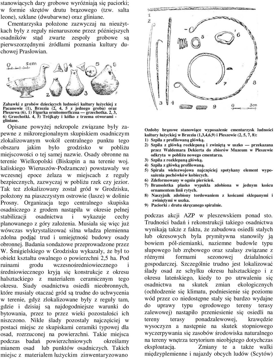 Zabawki z grobów dziecięcych ludności kultury łużyckiej z Pacanowie (1), Brzezia (2, 4, 5 z jednego grobu) oraz Pleszewa (6). 1) Figurka ornitomorficzna grzechotka. 2, 3, 6) Grzechotki.