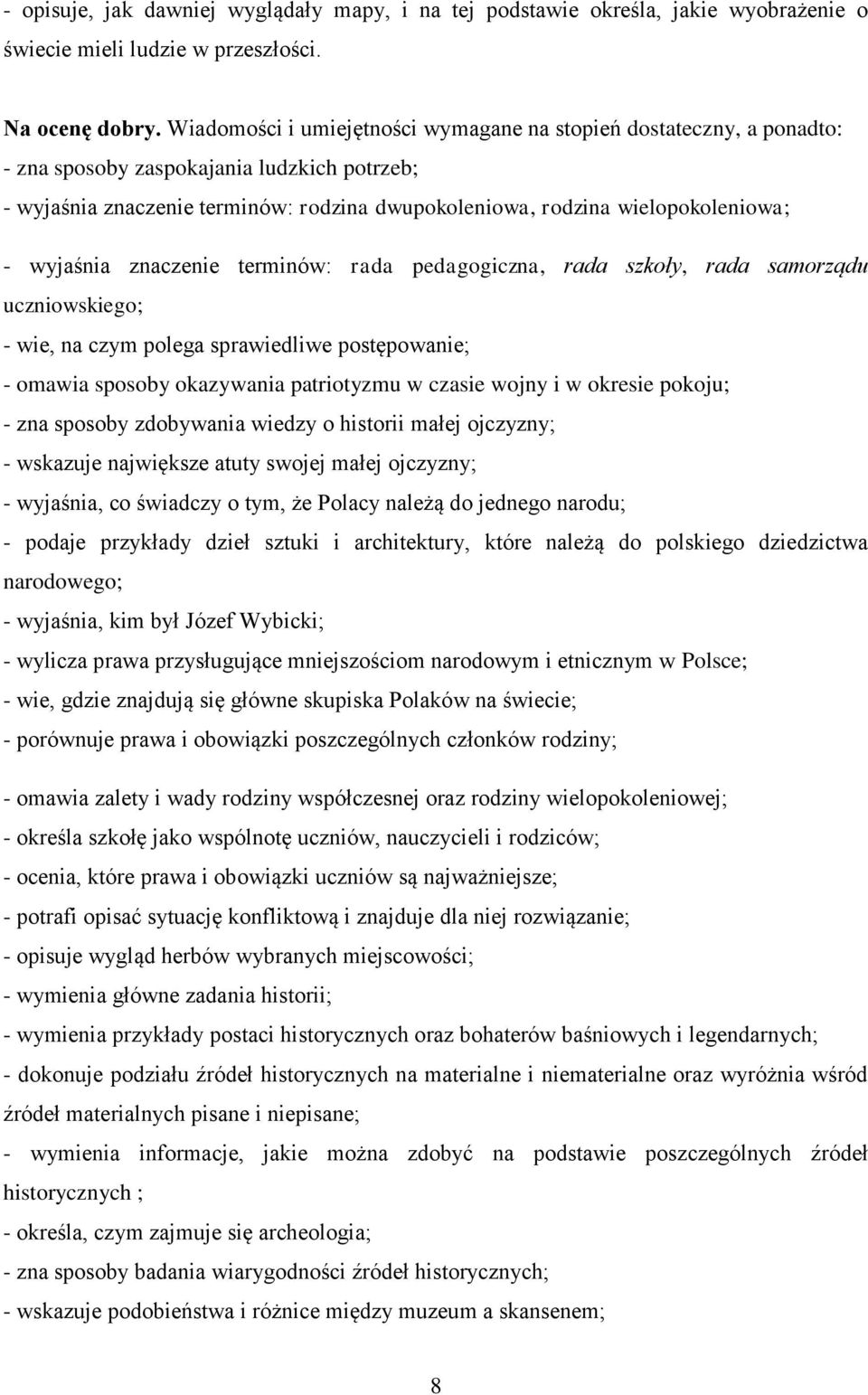 wyjaśnia znaczenie terminów: rada pedagogiczna, rada szkoły, rada samorządu uczniowskiego; - wie, na czym polega sprawiedliwe postępowanie; - omawia sposoby okazywania patriotyzmu w czasie wojny i w