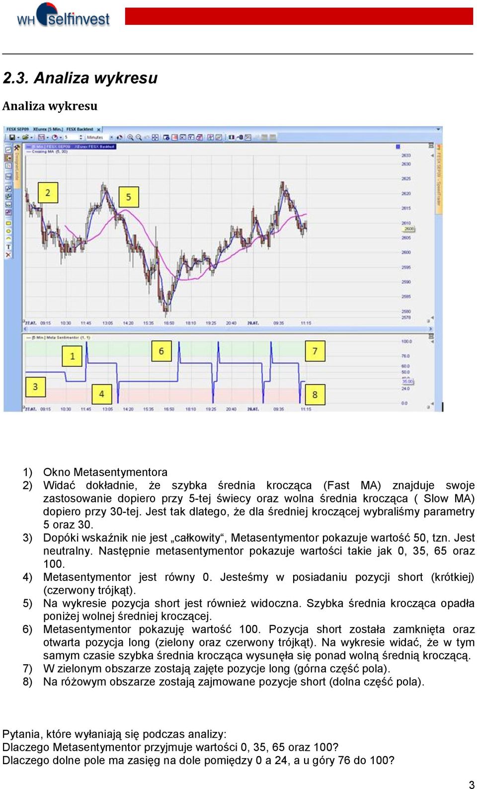 Jest neutralny. Następnie metasentymentor pokazuje wartości takie jak 0, 35, 65 oraz 100. 4) Metasentymentor jest równy 0. Jesteśmy w posiadaniu pozycji short (krótkiej) (czerwony trójkąt).