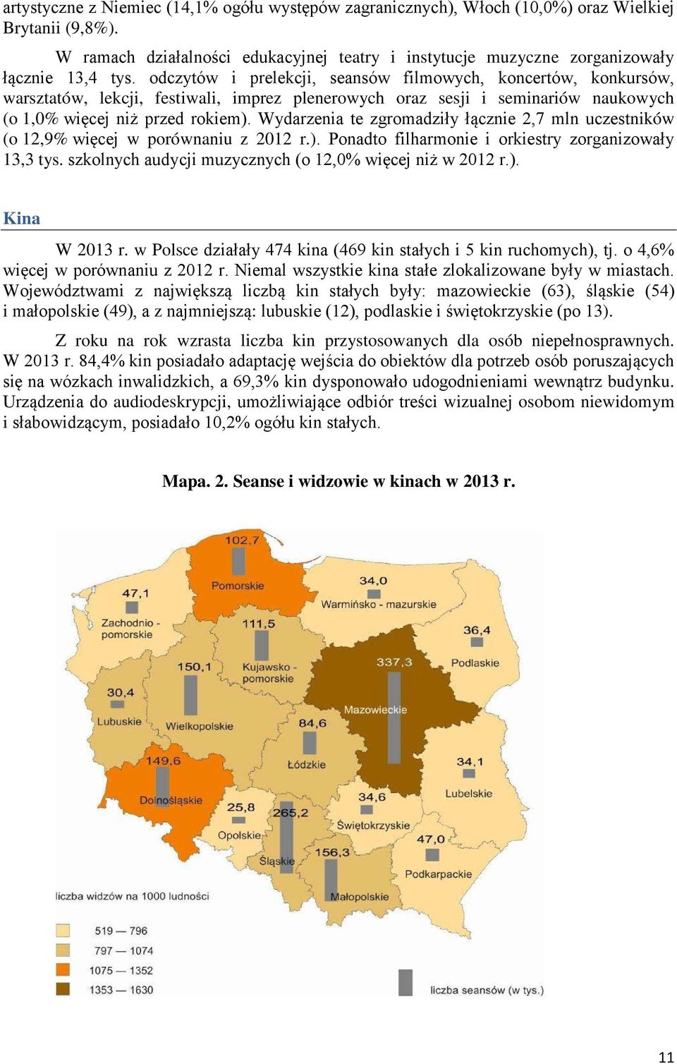 Wydarzenia te zgromadziły łącznie 2,7 mln uczestników (o 12,9% więcej w porównaniu z 2012 r.). Ponadto filharmonie i orkiestry zorganizowały 13,3 tys.