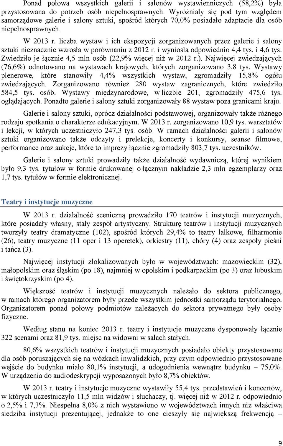 liczba wystaw i ich ekspozycji zorganizowanych przez galerie i salony sztuki nieznacznie wzrosła w porównaniu z 2012 r. i wyniosła odpowiednio 4,4 tys. i 4,6 tys.