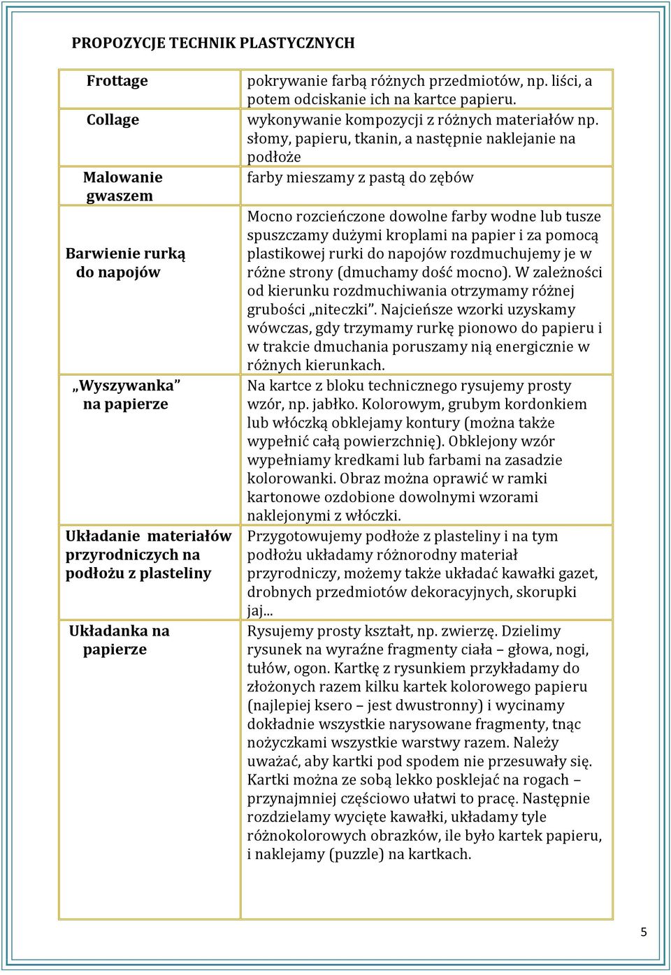 słomy, papieru, tkanin, a następnie naklejanie na podłoże farby mieszamy z pastą do zębów Mocno rozcieńczone dowolne farby wodne lub tusze spuszczamy dużymi kroplami na papier i za pomocą plastikowej