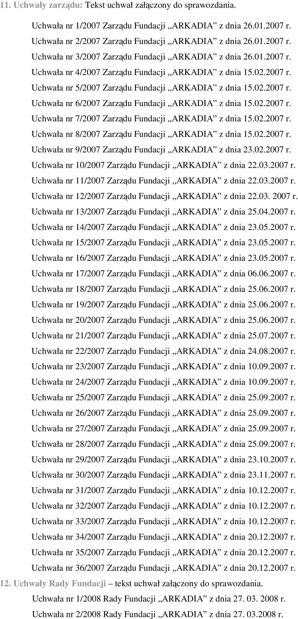 02.2007 r. Uchwała nr 8/2007 Zarządu Fundacji ARKADIA z dnia 15.02.2007 r. Uchwała nr 9/2007 Zarządu Fundacji ARKADIA z dnia 23.02.2007 r. Uchwała nr 10/2007 Zarządu Fundacji ARKADIA z dnia 22.03.