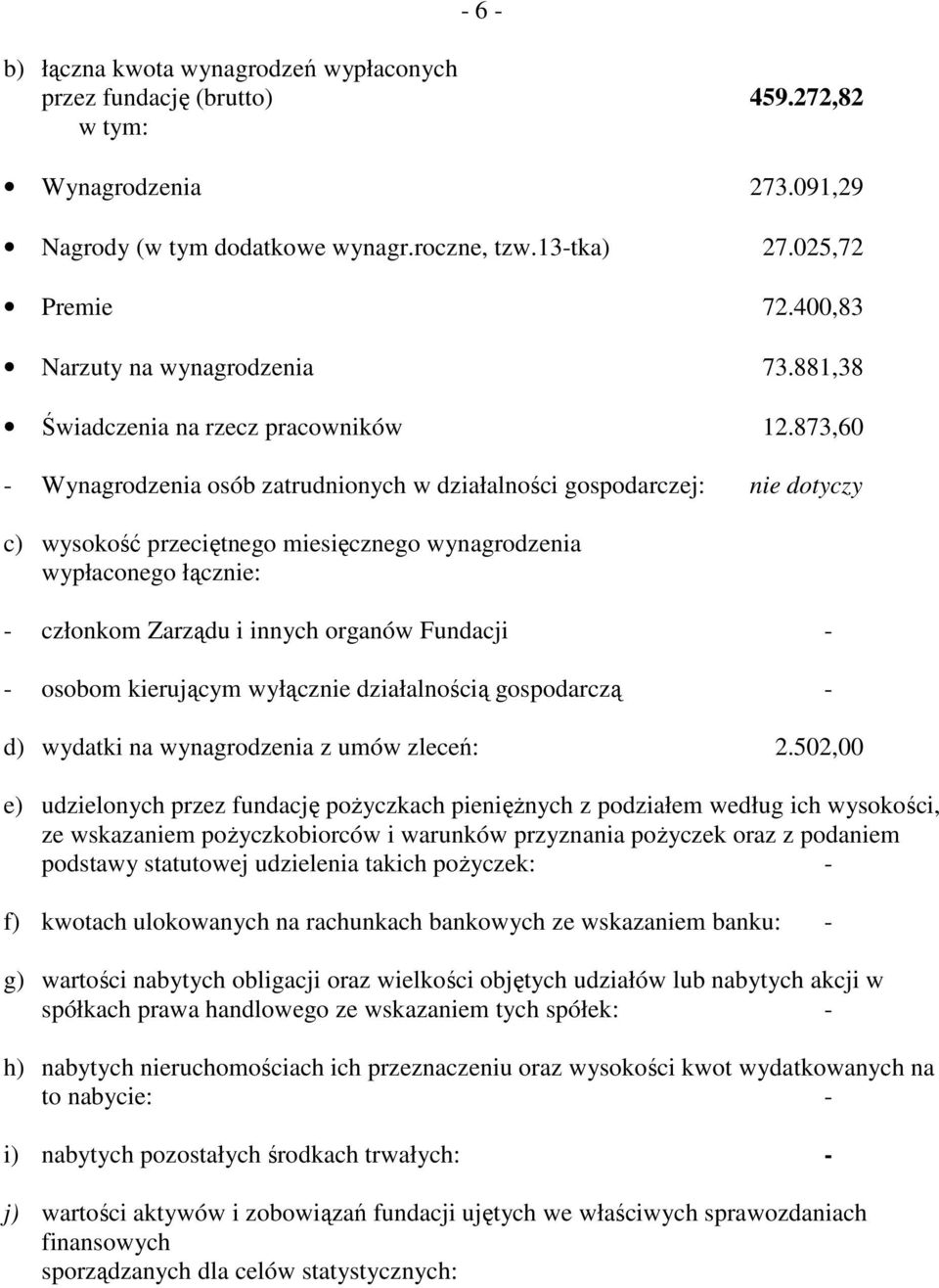 873,60 - Wynagrodzenia osób zatrudnionych w działalności gospodarczej: nie dotyczy c) wysokość przeciętnego miesięcznego wynagrodzenia wypłaconego łącznie: - członkom Zarządu i innych organów