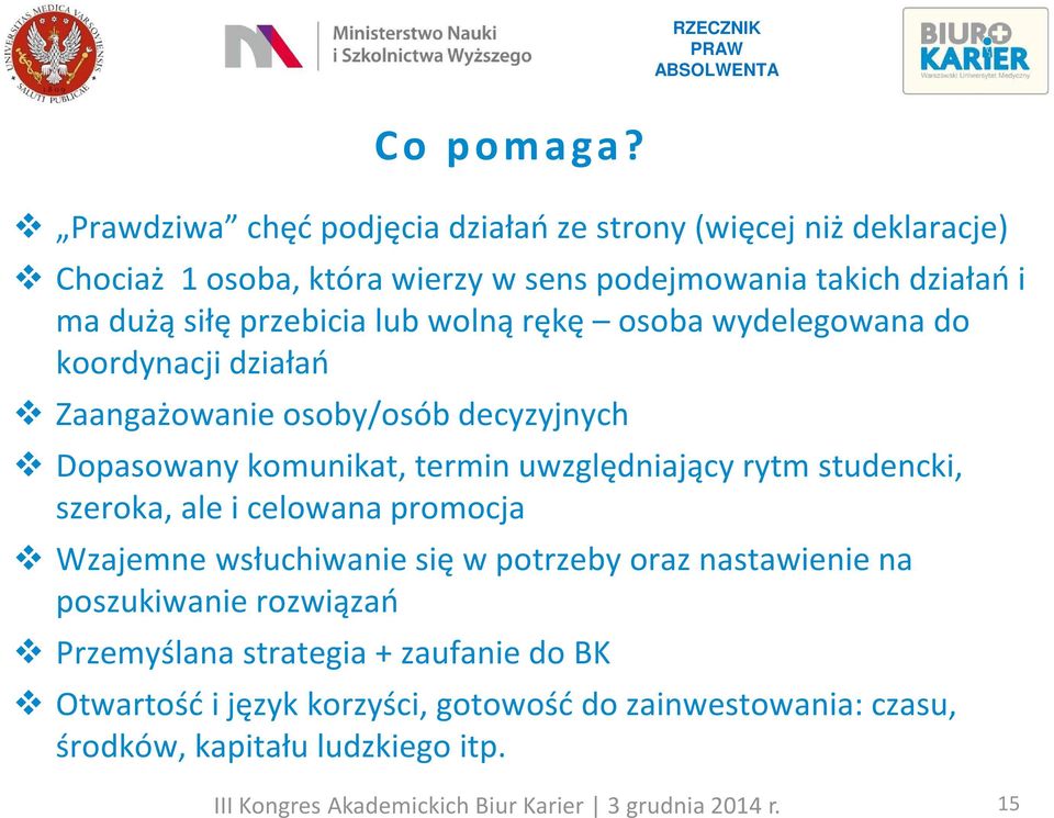 siłę przebicia lub wolną rękę osoba wydelegowana do koordynacji działań Zaangażowanie osoby/osób decyzyjnych Dopasowany komunikat, termin