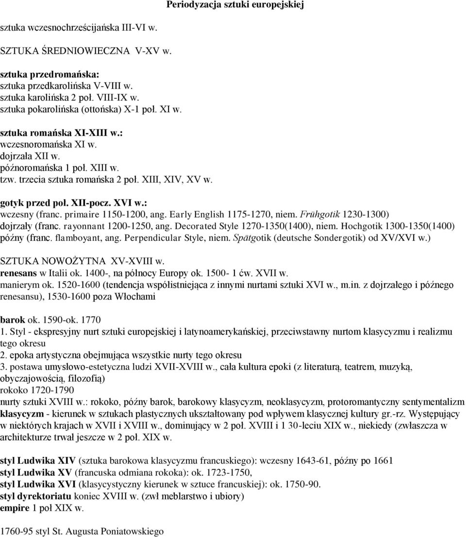 gotyk przed poł. XII-pocz. XVI w.: wczesny (franc. primaire 1150-1200, ang. Early English 1175-1270, niem. Frühgotik 1230-1300) dojrzały (franc. rayonnant 1200-1250, ang.