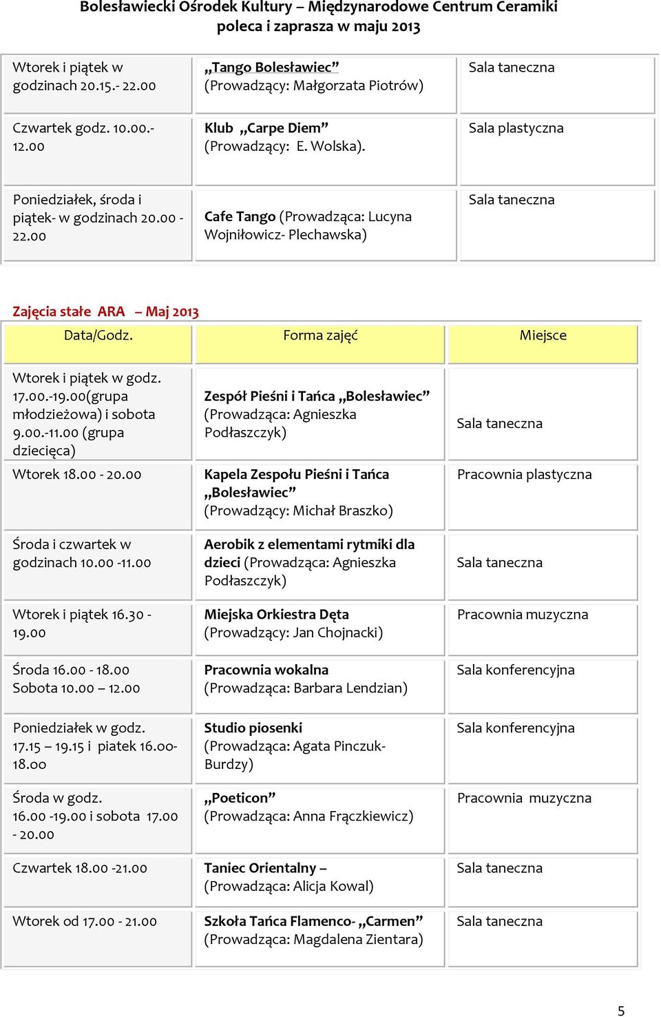 Forma zajęć Miejsce Wtorek i piątek w godz. 17.00.-19.00(grupa młodzieżowa) i sobota 9.00.-11.00 (grupa dziecięca) Wtorek 18.00-20.00 Środa i czwartek w godzinach 10.00-11.00 Wtorek i piątek 16.30-19.