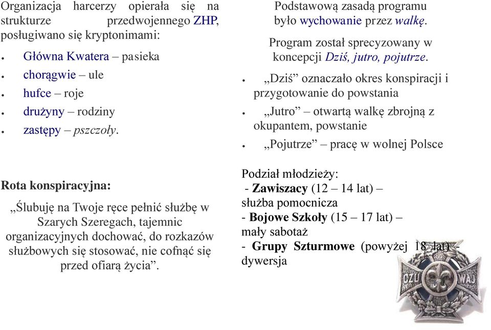 Dziś oznaczało okres konspiracji i przygotowanie do powstania Jutro otwartą walkę zbrojną z okupantem, powstanie Pojutrze pracę w wolnej Polsce Rota konspiracyjna: Ślubuję na Twoje ręce pełnić