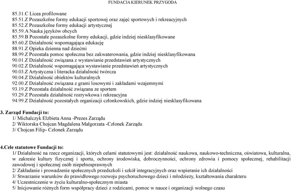 Z Pozostała pomoc społeczna bez zakwaterowania, gdzie indziej niesklasyfikowana 90.01.Z Działalność związana z wystawianie przedstawień artystycznych 90.02.