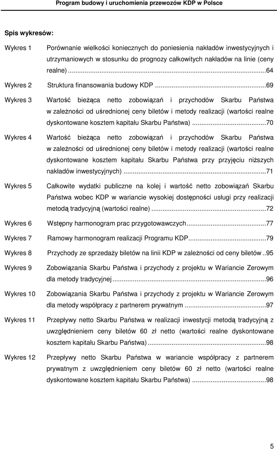 ..69 Wykres 3 Wartość bieŝąca netto zobowiązań i przychodów Skarbu Państwa w zaleŝności od uśrednionej ceny biletów i metody realizacji (wartości realne dyskontowane kosztem kapitału Skarbu Państwa).