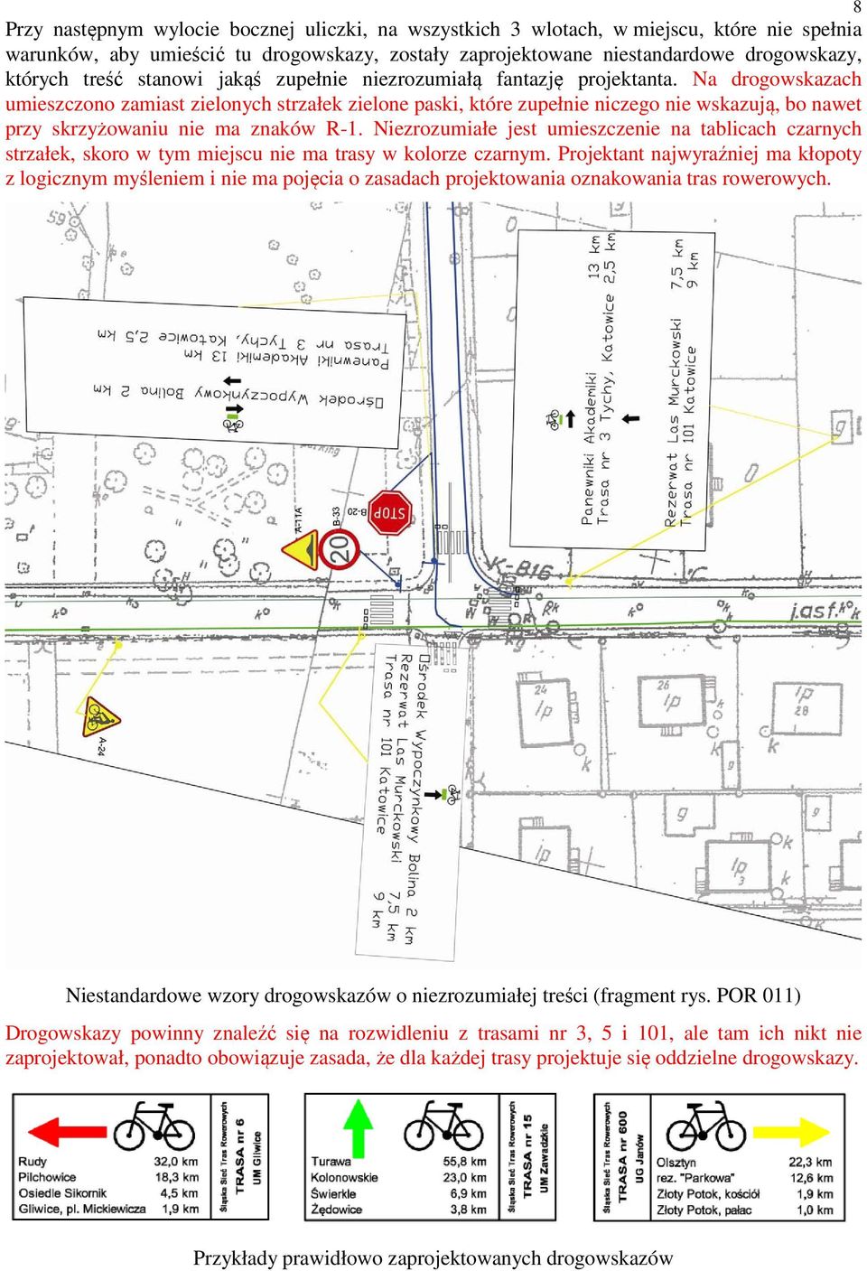 Na drogowskazach umieszczono zamiast zielonych strzałek zielone paski, które zupełnie niczego nie wskazują, bo nawet przy skrzyżowaniu nie ma znaków R-1.