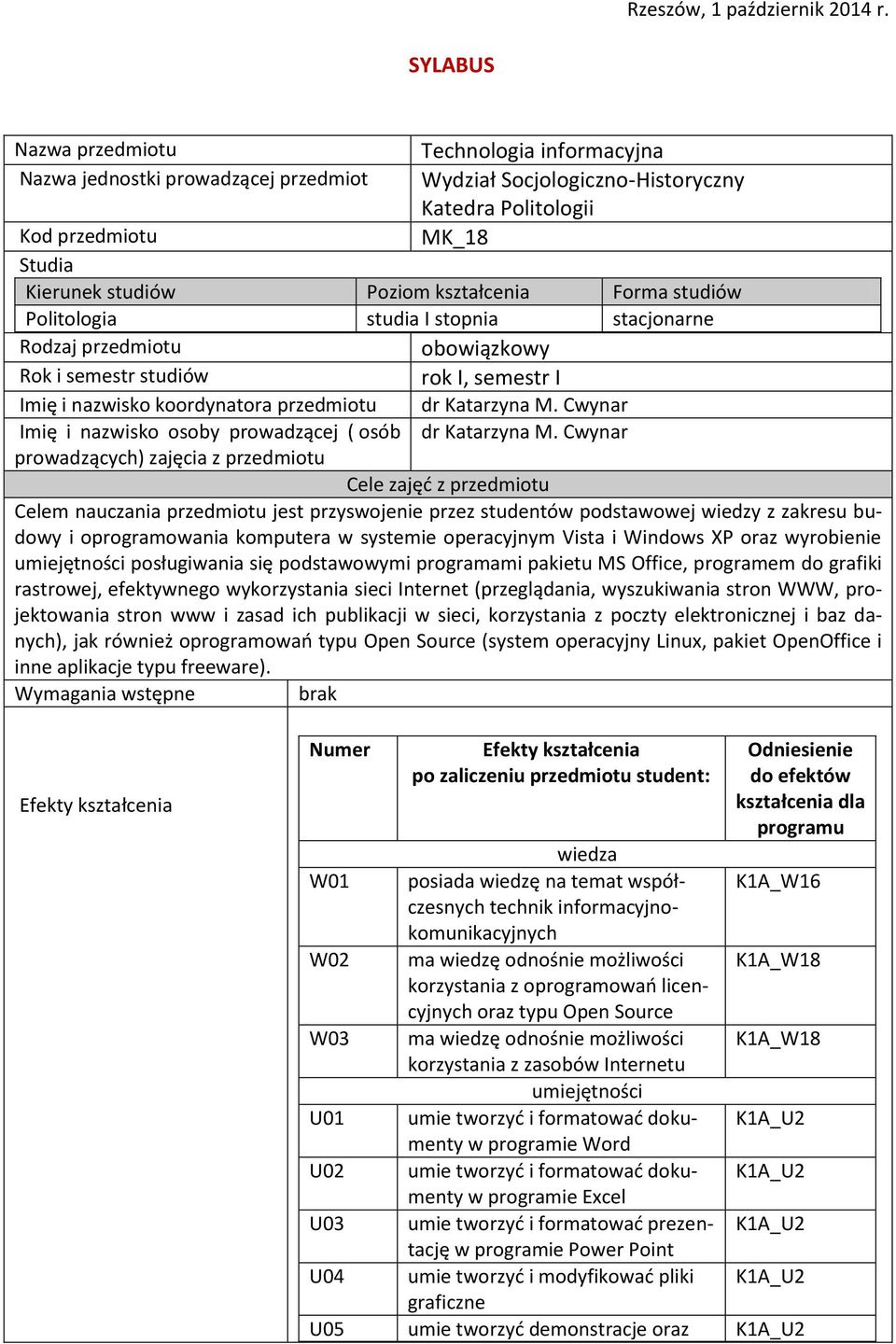 kształcenia Forma studiów Politologia studia I stopnia stacjonarne Rodzaj przedmiotu obowiązkowy Rok i semestr studiów rok I, semestr I Imię i nazwisko koordynatora przedmiotu dr Katarzyna M.