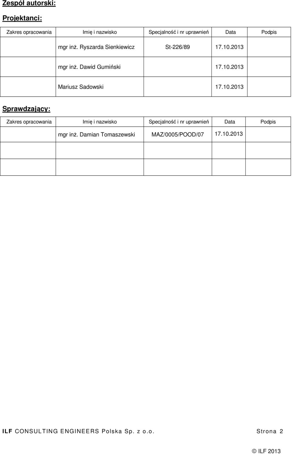 10.2013 Sprawdzający: Zakres opracowania Imię i nazwisko Specjalność i nr uprawnień Data Podpis mgr inż.