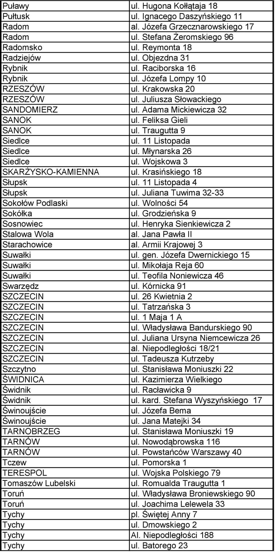 11 Listopada Siedlce ul. Młynarska 26 Siedlce ul. Wojskowa 3 SKARŻYSKO-KAMIENNA ul. Krasińskiego 18 Słupsk ul. 11 Listopada 4 Słupsk ul. Juliana Tuwima 32-33 Sokołów Podlaski ul.