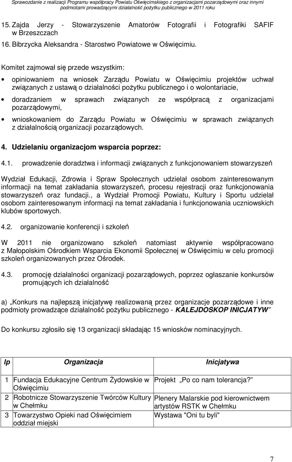 sprawach związanych ze współpracą z organizacjami pozarządowymi, wnioskowaniem do Zarządu Powiatu w Oświęcimiu w sprawach związanych z działalnością organizacji pozarządowych. 4.