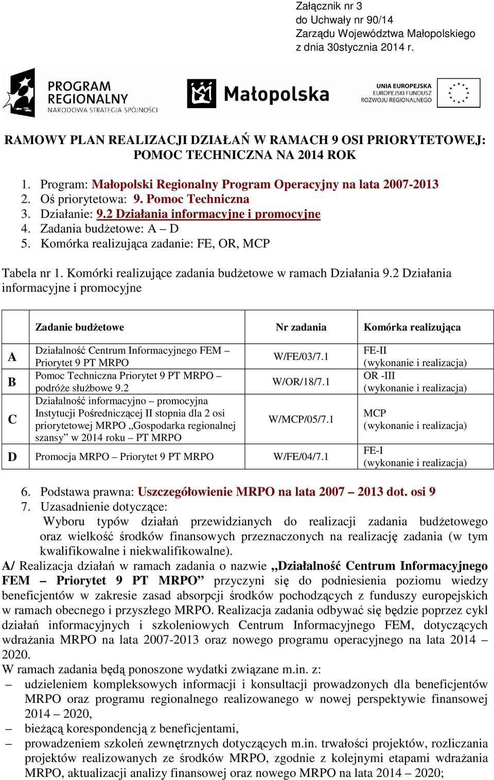 Komórka realizująca zadanie: FE, OR, MCP Tabela nr 1. Komórki realizujące zadania budŝetowe w ramach Działania 9.