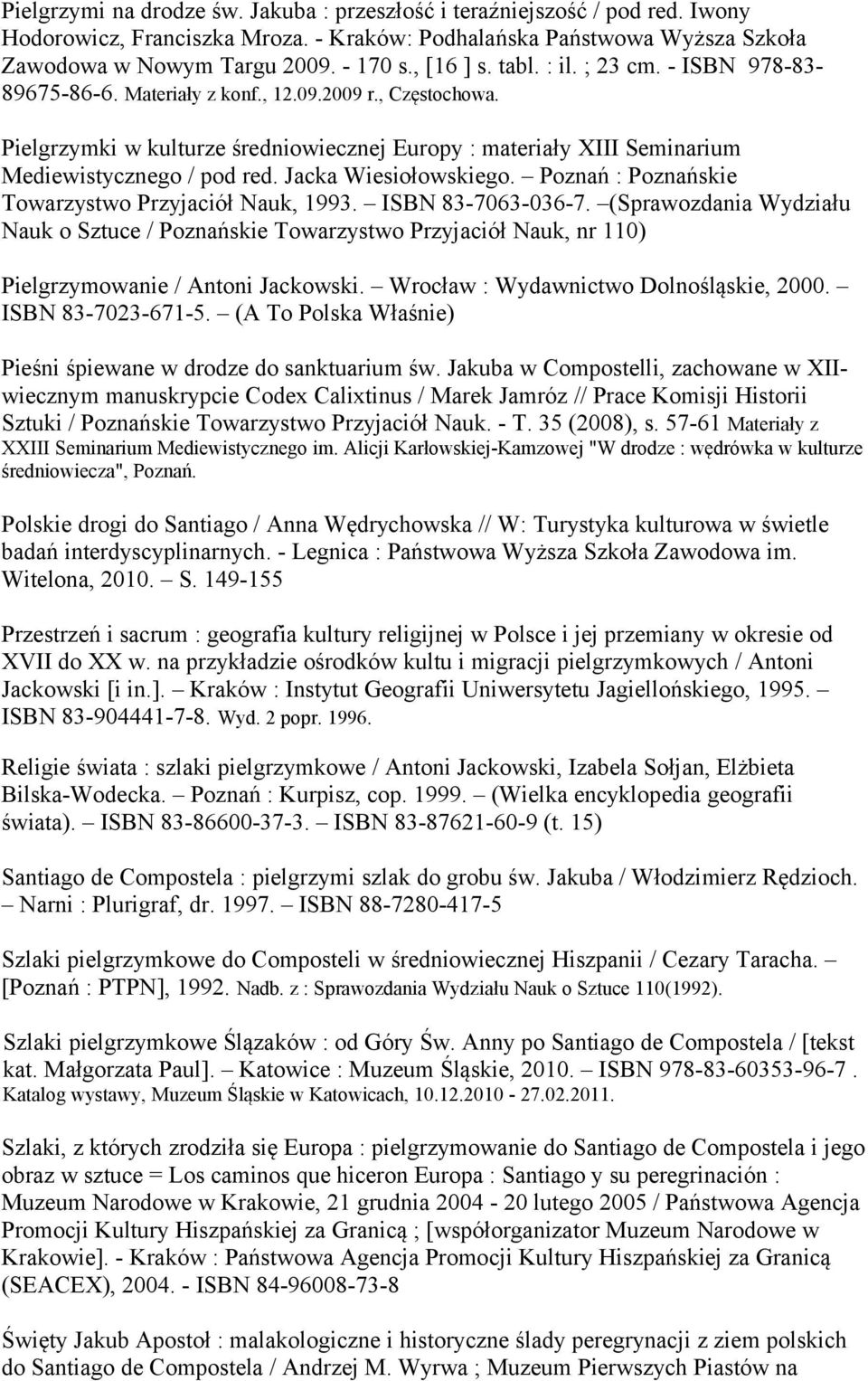 Pielgrzymki w kulturze średniowiecznej Europy : materiały XIII Seminarium Mediewistycznego / pod red. Jacka Wiesiołowskiego. Poznań : Poznańskie Towarzystwo Przyjaciół Nauk, 1993. ISBN 83-7063-036-7.