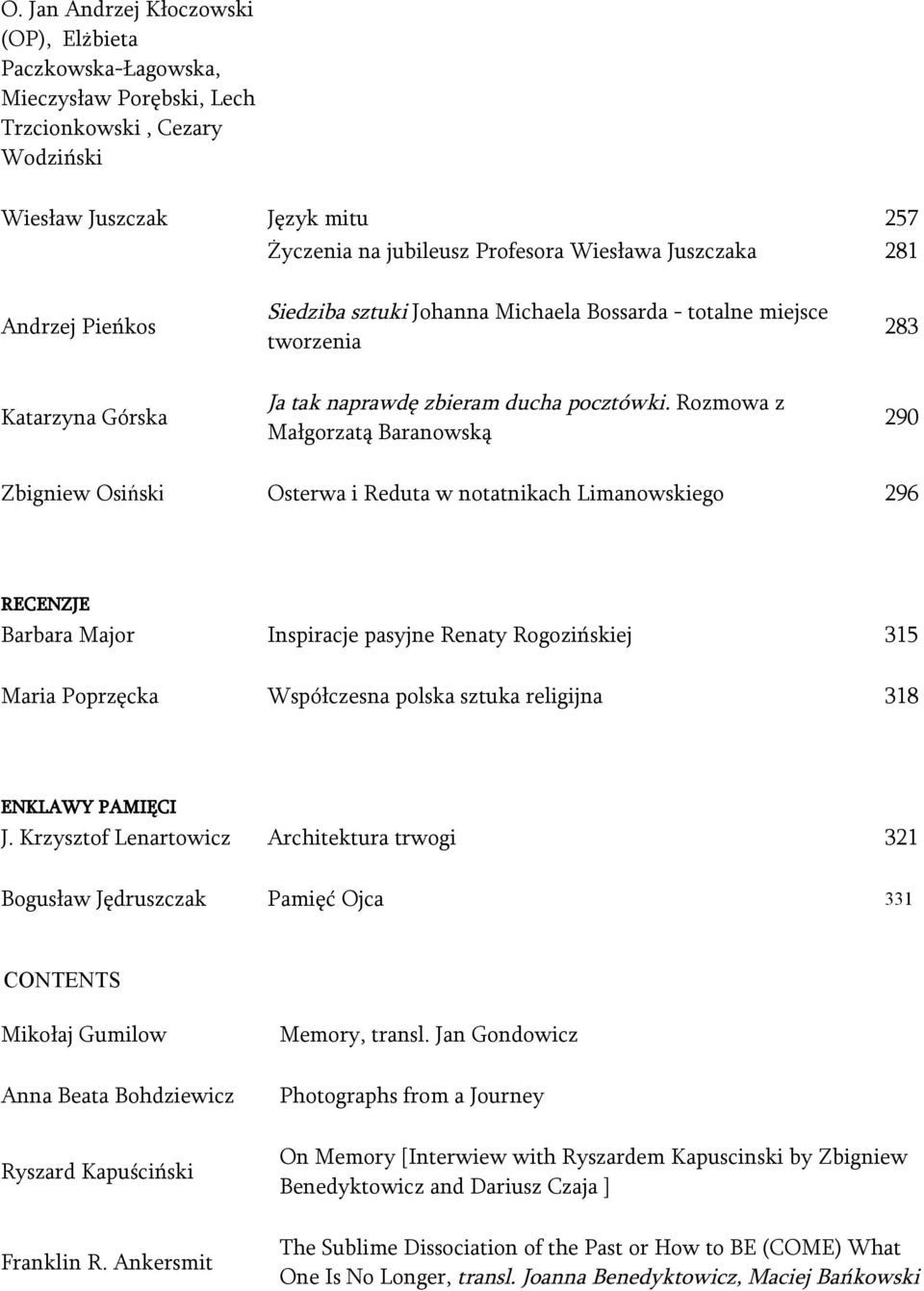 Rozmowa z Małgorzatą Baranowską 290 Zbigniew Osiński Osterwa i Reduta w notatnikach Limanowskiego 296 RECENZJE Barbara Major Inspiracje pasyjne Renaty Rogozińskiej 315 Maria Poprzęcka Współczesna