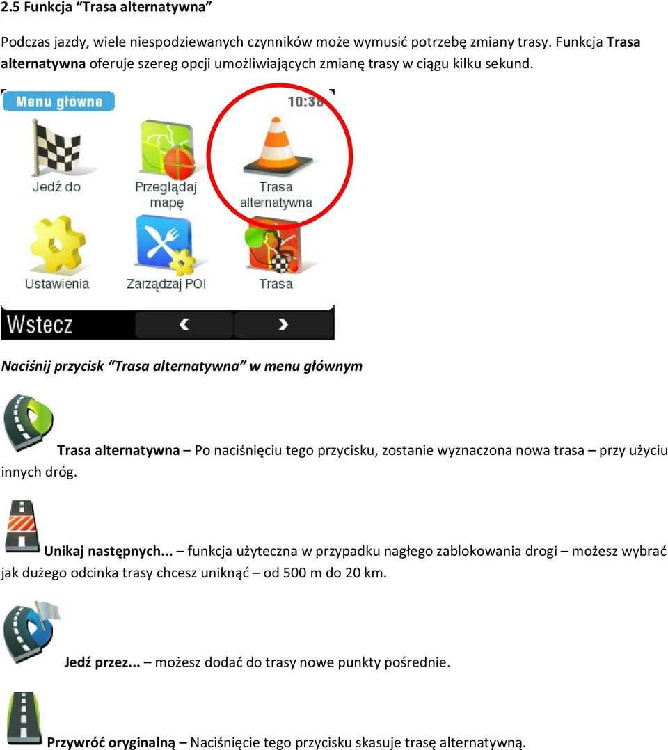 Naciśnij przycisk Trasa alternatywna w menu głównym Trasa alternatywna Po naciśnięciu tego przycisku, zostanie wyznaczona nowa trasa przy użyciu innych dróg.