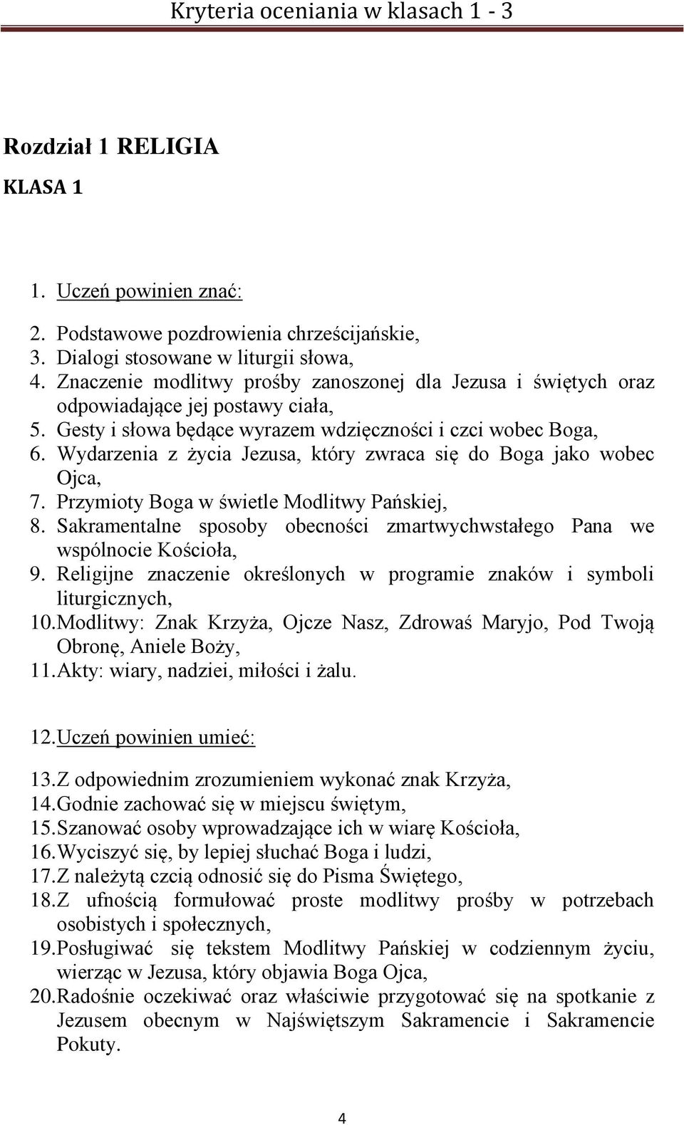 Wydarzenia z życia Jezusa, który zwraca się do Boga jako wobec Ojca, 7. Przymioty Boga w świetle Modlitwy Pańskiej, 8. Sakramentalne sposoby obecności zmartwychwstałego Pana we wspólnocie Kościoła, 9.