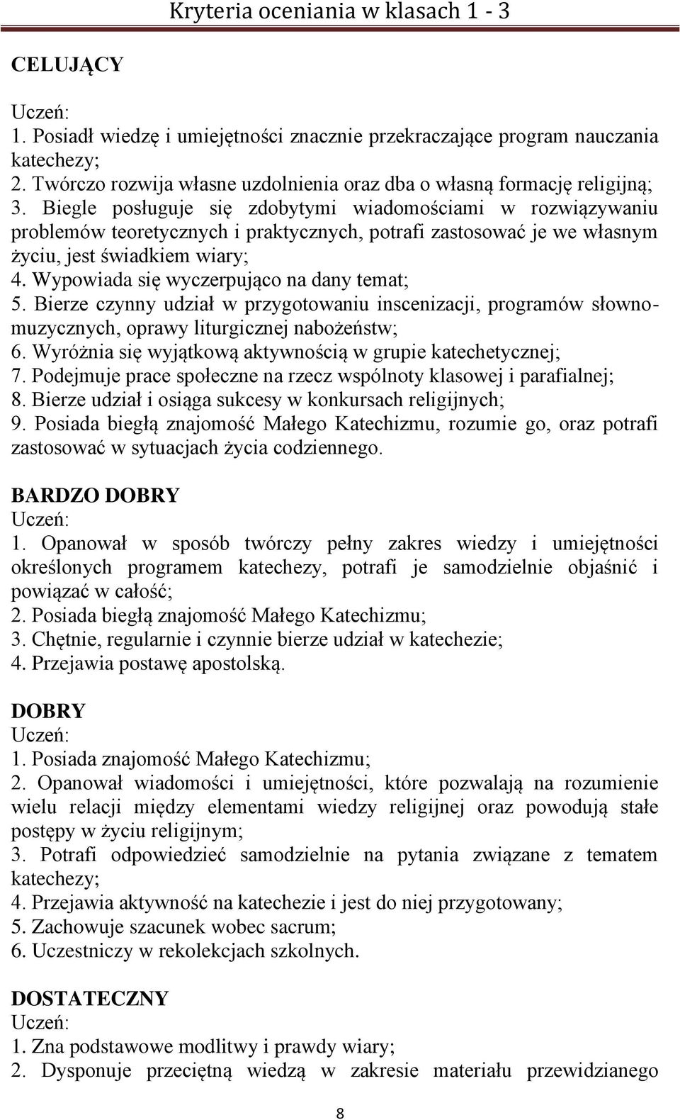 Wypowiada się wyczerpująco na dany temat; 5. Bierze czynny udział w przygotowaniu inscenizacji, programów słownomuzycznych, oprawy liturgicznej nabożeństw; 6.