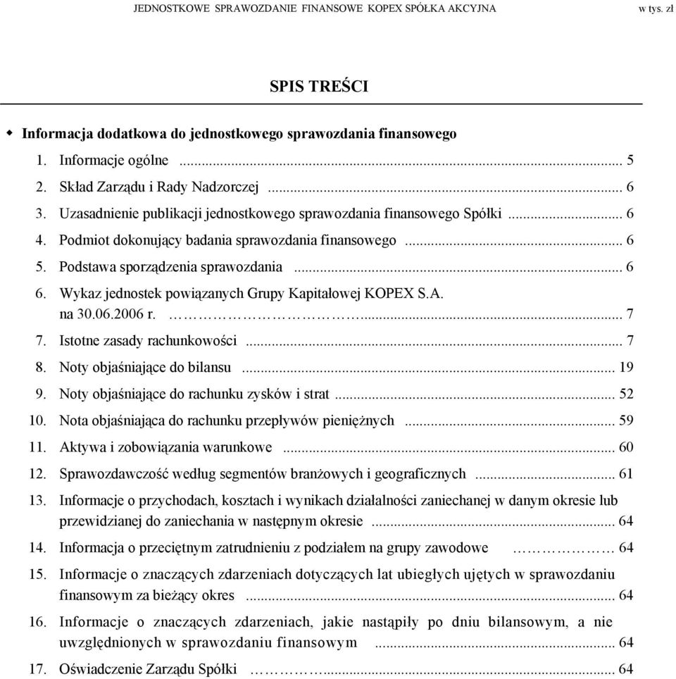 Podstawa sporządzenia sprawozdania... 6 6. Wykaz jednostek powiązanych Grupy Kapitałowej KOPEX S.A. na 30.06.2006 r.... 7 7. Istotne zasady rachunkowości... 7 8. Noty objaśniające do bilansu... 19 9.