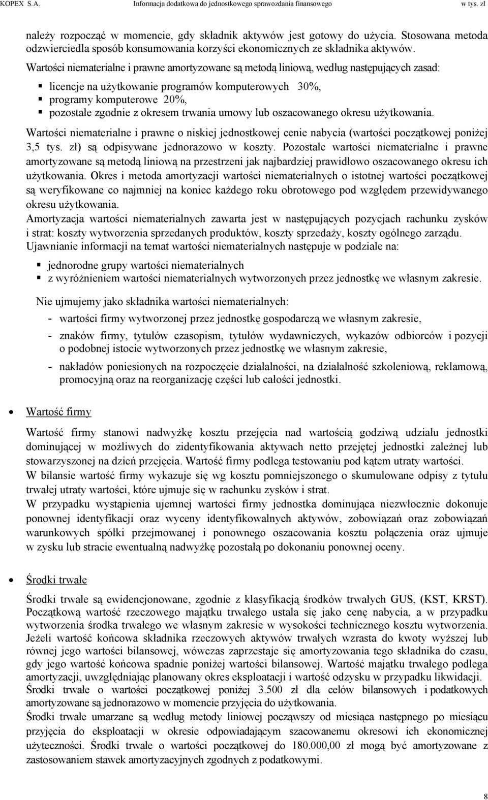 Wartości niematerialne i prawne amortyzowane są metodą liniową, według następujących zasad: licencje na użytkowanie programów komputerowych 30%, programy komputerowe 20%, pozostałe zgodnie z okresem