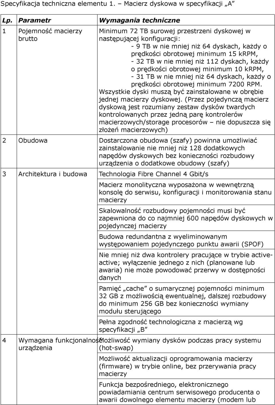 minimum 15 krpm, - 32 TB w nie mniej niż 112 dyskach, każdy o prędkości obrotowej minimum 10 krpm, - 31 TB w nie mniej niż 64 dyskach, każdy o prędkości obrotowej minimum 7200 RPM.