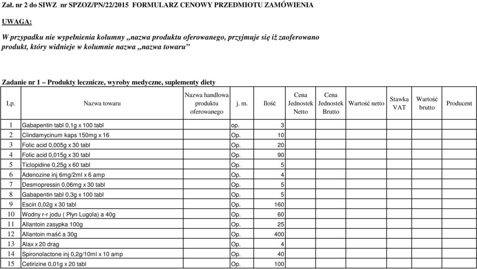 dyczne, suplementy diety Lp. Nazwa towaru Nazwa handlowa produktu oferowanego j. m.