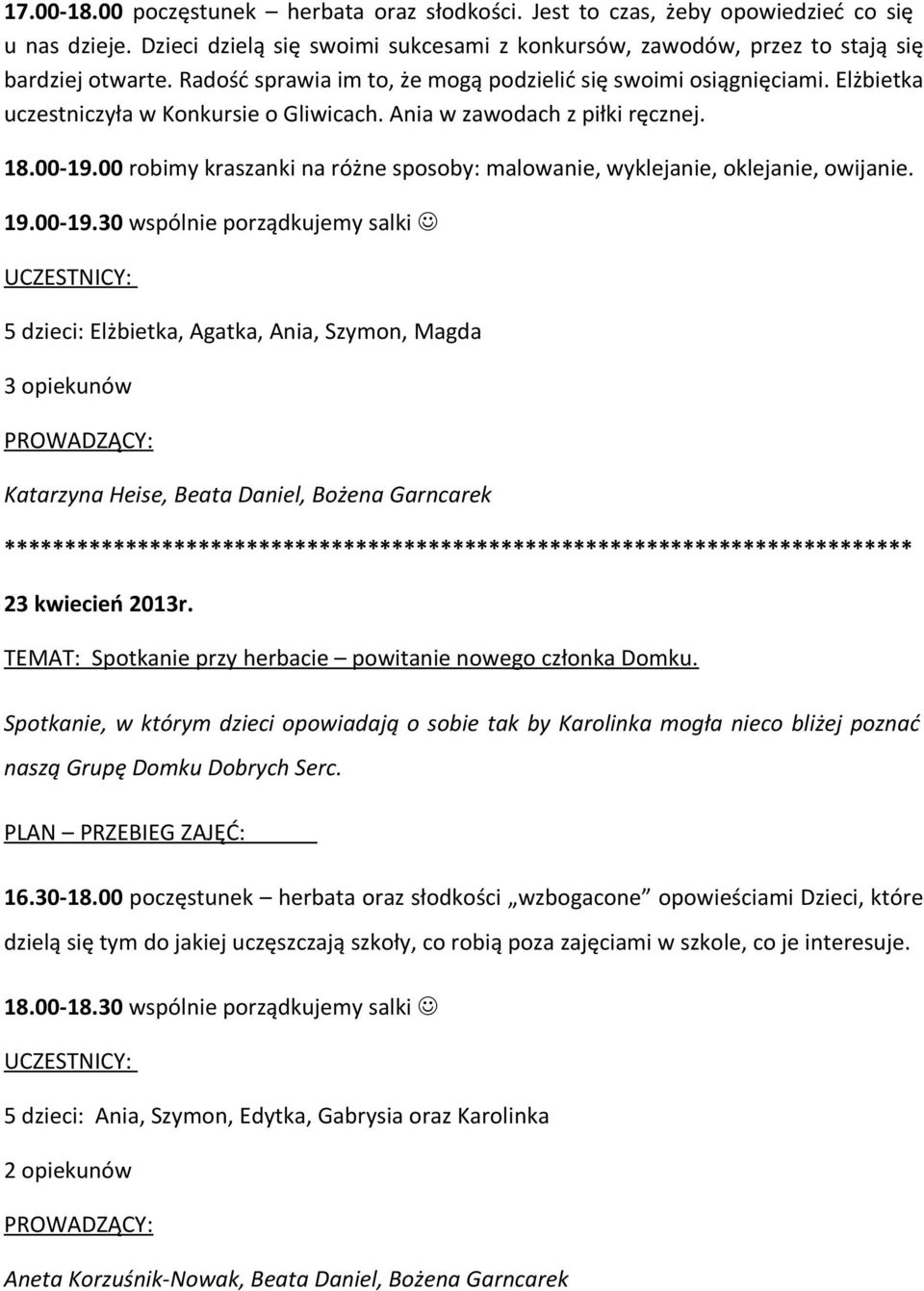 00 robimy kraszanki na różne sposoby: malowanie, wyklejanie, oklejanie, owijanie. 5 dzieci: Elżbietka, Agatka, Ania, Szymon, Magda Katarzyna Heise, Beata Daniel, Bożena Garncarek 23 kwiecień 2013r.