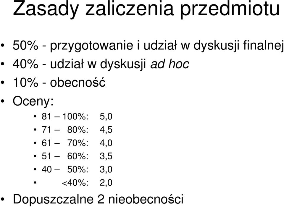 obecność Oceny: 81 100%: 5,0 71 80%: 4,5 61 70%: 4,0 51